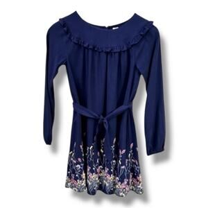 Gap Kids Girls Dress 8 Navy Blue Floral Ruffle Long Sleeve Tie Belt Rayon School